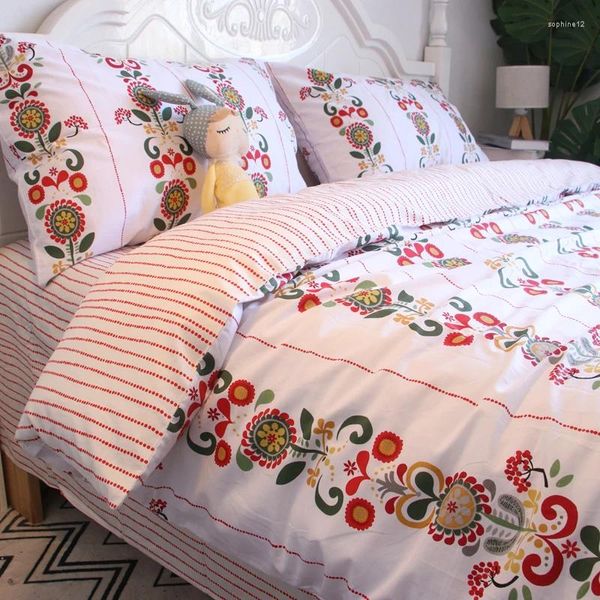 Set di biancheria da letto Stile etnico Semplice Colore a contrasto Letto in puro cotone Lenzuolo in quattro pezzi Copripiumino monopezzo Federa Superficie AB Casuale