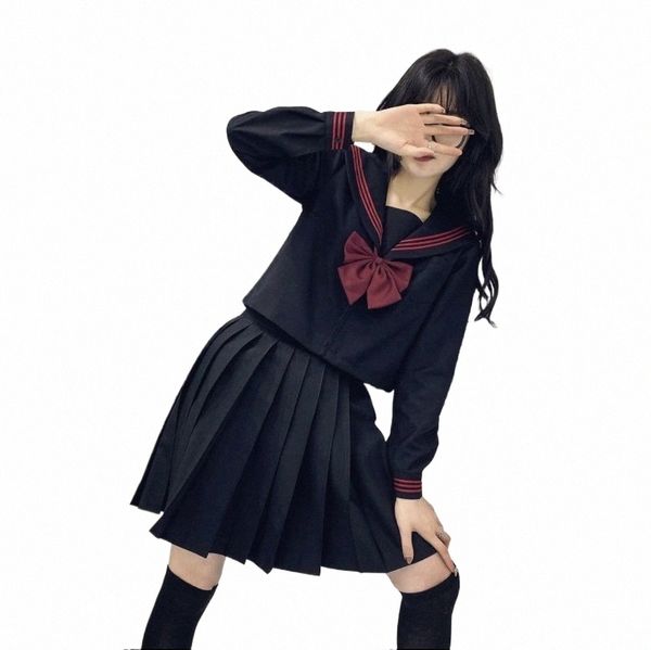 Uniforme scolastica giapponese per ragazze Plus Size Jk Suit Cravatta rossa Red Tre Basic Sailor Uniform Women Lg Sleeve Suit C8XM #