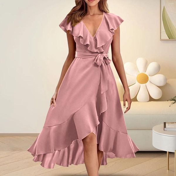 Vestidos casuais feminino decote em v manga curta babados longo rendas até vestido calças mulheres abeto juniors