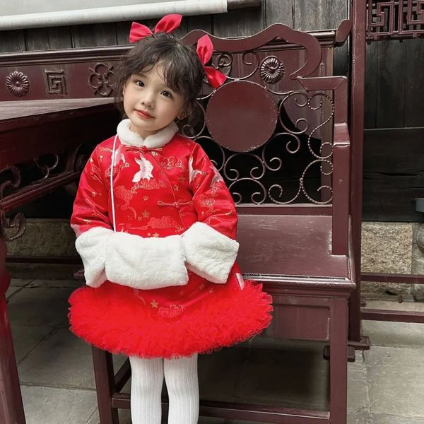 Mädchen Winter Kaninchen Jahr Chinesischen Stil Cheongsam Steppkleid Kinder Frühling Festival Western Kinder S 240326