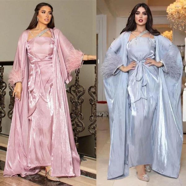 Roupas étnicas Brilhante Cetim Aberto Abaya Pena Vestido Envoltório Saia 3 Peças Conjunto Mulheres Muçulmanas Kimono Jalabiya Ramadan Vestido de Noite Dubai Kaftan