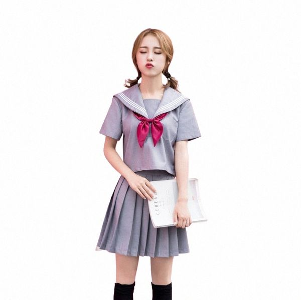 Japonês / coreano Sailor Suit Cosplay Trajes Verão Cinza Uniformes Escolares Bonitos Meninas JK Estudante Roupas Top + Saias + gravata borboleta 75DD #