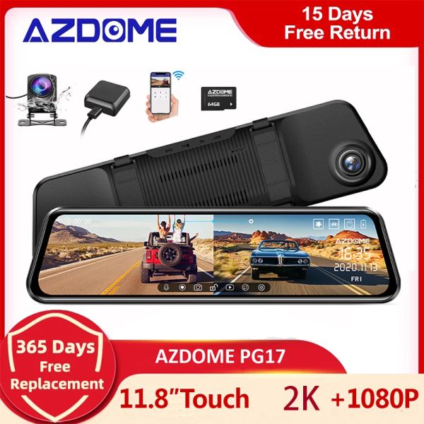 Azdome PG17 Car Mirror DVR GPS 1080p Dual -Cams 11,8 -Zoll -Touchsbildschirm Heckansicht Dash Cam Stream Media Video Recorder Night Vision