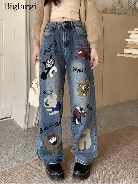 Frauen Jeans Lange Frühling Hose Frauen Cartoon Graffiti Print Modis Koreanische Stil Lose Gefaltete Damen Hosen Casual Frau Breite bein Hosen