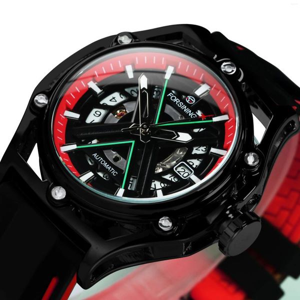 Armbanduhren Forsining Sport Automatische Skeleton Uhr Für Männer Chic Kalender Fenster Leuchtende Hand Mode Mechanische Uhren Kautschukband