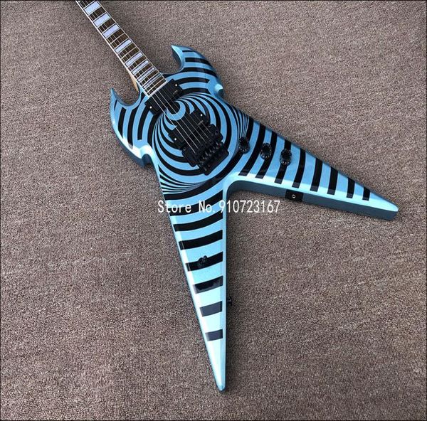 Raro Wylde Áudio Odin Grail Phlham Blue Bullseye Flying V Guitarra Elétrica MOP Grande Bloco Inlay Preto Hardware Grover Tuners Ch7135773