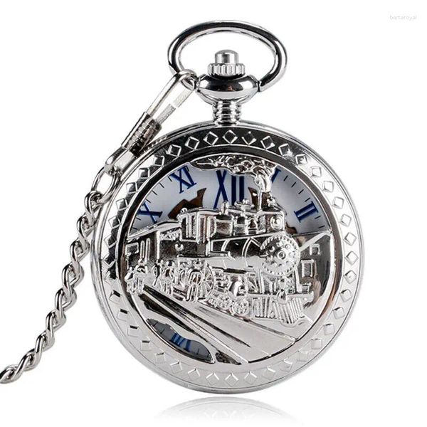 Orologi da tasca Orologio da uomo classico Catena Numeri romani Tono argento Treno Meccanico a carica manuale FOB Bel regalo