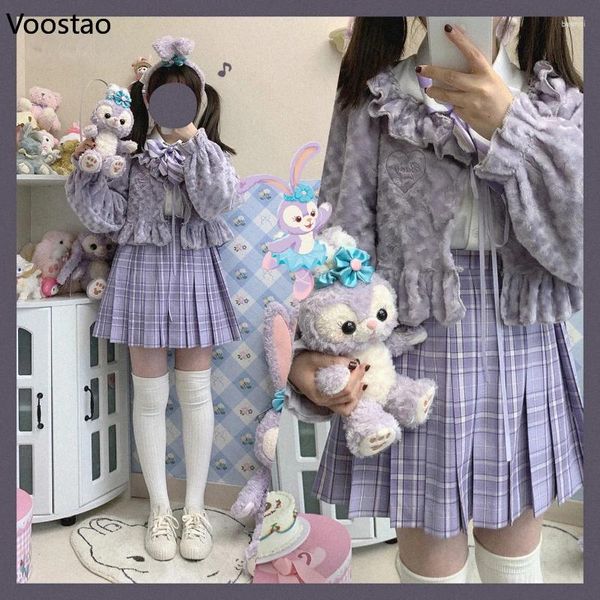 Jaquetas femininas Kawaii Lolita Cropped Cardigan Mulheres Outono Doce Bordado De Pelúcia Lace-Up Jaqueta Curta Macia Meninas Japonesa Bonito Casaco Quente