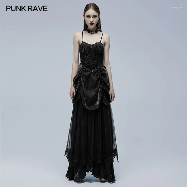 Lässige Kleider PUNK RAVE Damen Wunderschönes Gothic Fledermaus-Hochzeitskleid, langes Kleid aus gebranntem Samt und glänzendem, plissiertem Stoff, breiter Saum, attraktiv