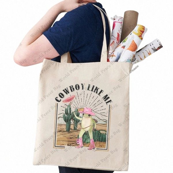 1pc Cowboy Like Me Cowboy Rana patternTote Bag Borsa a tracolla in tela per i viaggi Pendolarismo quotidiano Borsa da negozio riutilizzabile da donna Best G m6A0 #