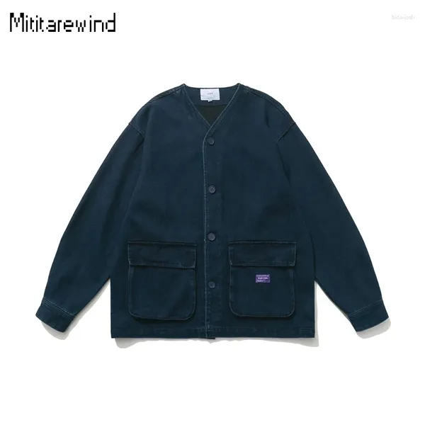 Jaquetas masculinas harajuku casaco masculino marca primavera jaqueta streetwear baggy v-neck botão corante azul com grandes bolsos roupas vintage