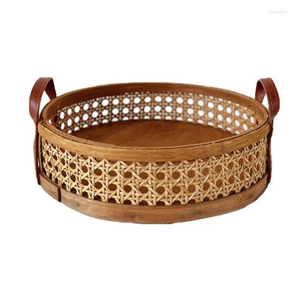 Garrafas de armazenamento Rattan tecido cesta casa sala de estar bandeja de colocação redonda para pão de frutas organizador de mesa respirável-marrom