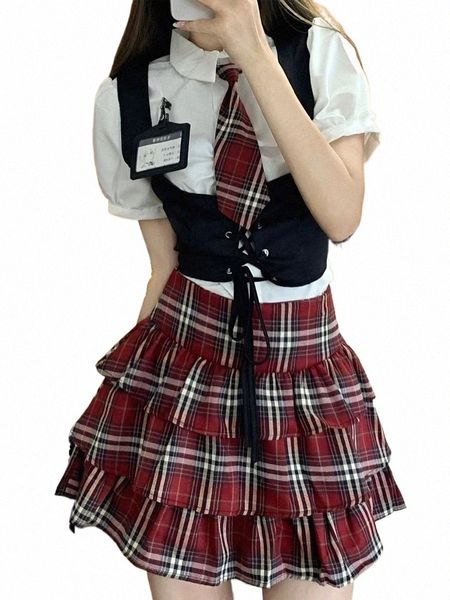 Japonês Kawaii School Girl Uniforme Estilo Coreano Doce Bonito Cosplay JK Uniforme Verão Preto Mini Colete e Saia Xadrez Define 2023 L7PO #