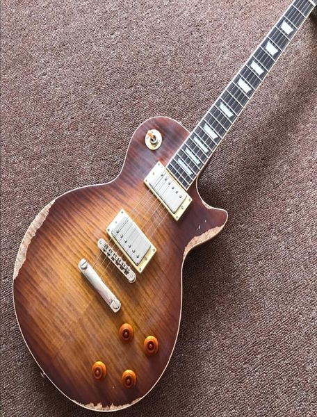 Bütün Tiger Alev Deseni Sunburst Özel Elektro Gitar El Yapımı Kalıntı Tek Parça Boyun ve Vücut 5952074