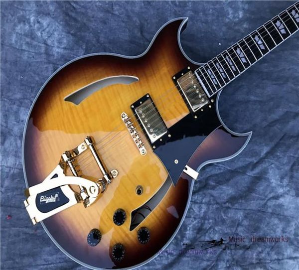 Entrega de guitarra elétrica artesanal semihollowbody Jazz vintage Sunbeam chama Maple top big jazz Bigs tremolo tail piece 3511975