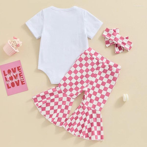 Kleidungssets für geborene Babys und Mädchen, Mamas, Strampler, Oberteil, Schachbrettmuster, Schlaghosen, Hosen, Stirnband, Sommer-Outfits für Kleinkinder