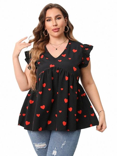 Finjani Red Heart Print Blusa 2023 Novo decote em V Ruffle Trim Blusas Verão Casual Tee Solto e Respirável Plus Size Tops Femininos N1VN #