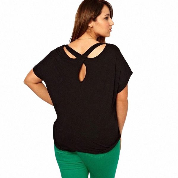 Plus Size Voltar Criss Cross Verão Elegante Top Mulheres Curto Batwing Manga Solta Casual T-shirt Tamanho Grande Trabalho Escritório Tee 6XL 7XL x6Ou #