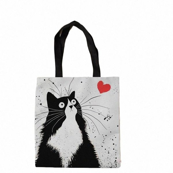 Borsa tote nera bianca Cat Borsa da viaggio Retro Art Fi Borsa da donna portatile Eco Shop Borsa pieghevole di alta qualità Borse da donna O1b8 #