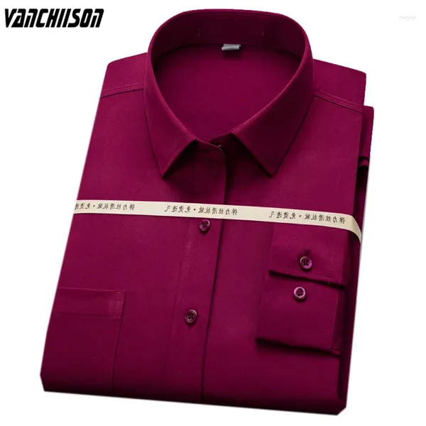 Camicie eleganti da uomo Camicia da uomo Tessuto elastico in fibra di bambù per l'estate Primavera Manica lunga Solido Rosso scuro Stile formale Moda maschile 00572