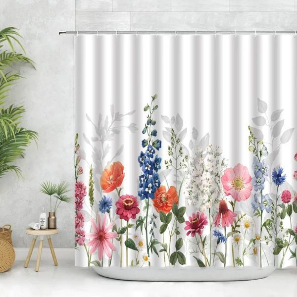 Cortinas de chuveiro flores coloridas brancas ganchos de cortina pintados à mão borboleta floral planta banheiro tecido de poliéster decoração de casa