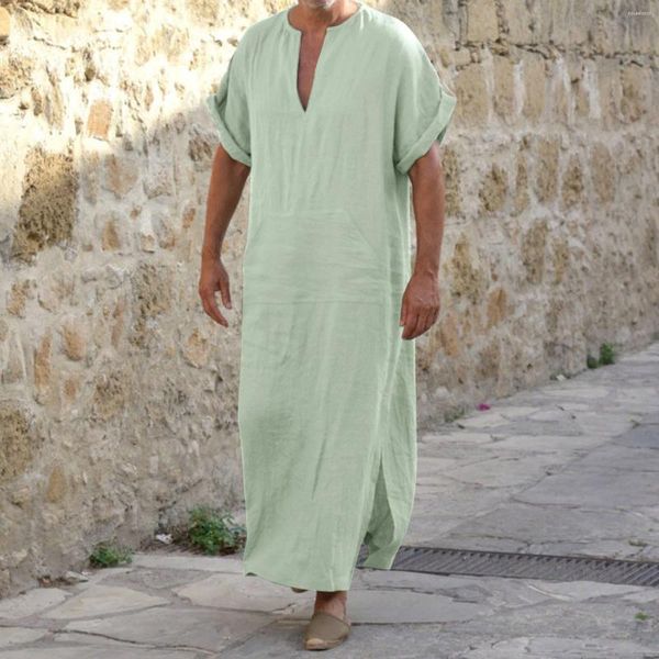 Ethnische Kleidung Männer Muslimische Roben Lässige Lose Atmungsaktive Flachs Einfarbig V-Ausschnitt Kurzarm Muslimische Abaya Robe Islam Arabisch Traditionell