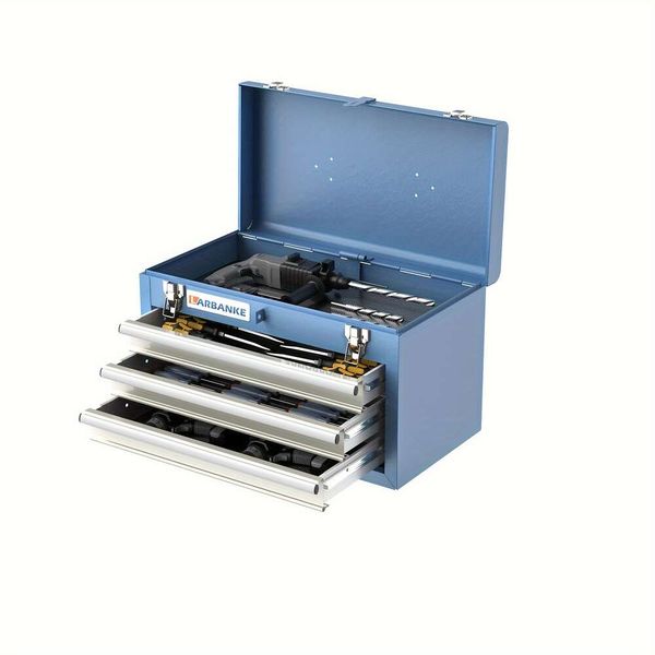 LARBANKE Scatola Portatile, Vassoio Portaoggetti Superiore a 3 Cassetti, Cassettiera in Metallo con Serratura, 3 Cassetti con Rivestimento, per Garage, Magazzino, Officina di Riparazione e Casa, Cassetta degli Attrezzi Blu