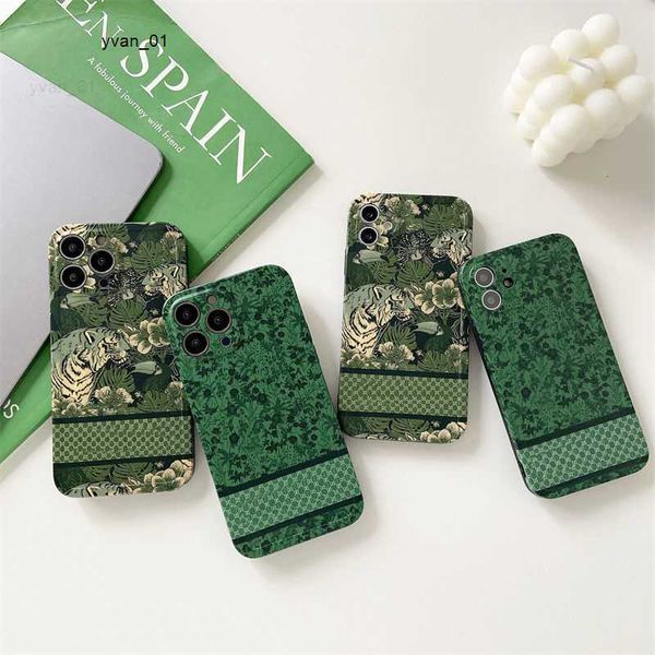 Forest Green Luxury Designer 14 Phone Case Classic Fashion Square Schockfeste Handys Hohe Qualität für iPhone 12 13 Pro Max 7 8 Plus