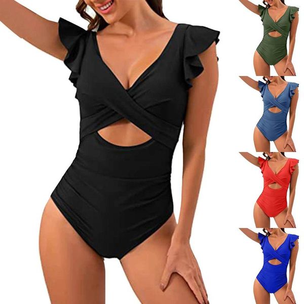 Costumi da bagno da donna Costume da bagno con volant ritagliato Scollo a V Avvolgente Costumi da bagno Push-Up Scava fuori Pancia piatta Guaina Costumi da bagno Bikini Mujer