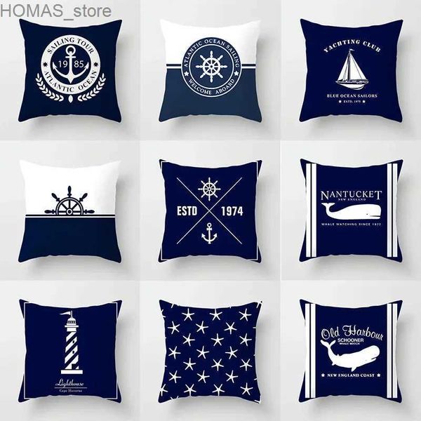 Pillow Home Decor Compass Anker Cover blau mediterraner Kissen Geschenksofa Bürozubehör Ornament 45x45cm Y240401