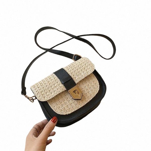 Bolsa de ombro de palha de verão Bohemia Woven Women's New Fi Simple Boho Flap Crossbody Saddle Beach Bag c9DU #