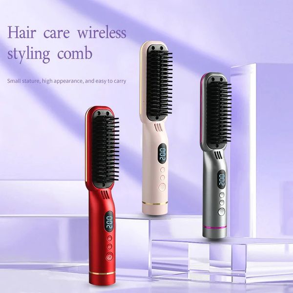 Pente alisador de cabelo sem fio 4000mAh com display LED Escova de suavização Escova de estilo de cabelo Aparelho Crimper de cabelo 240326