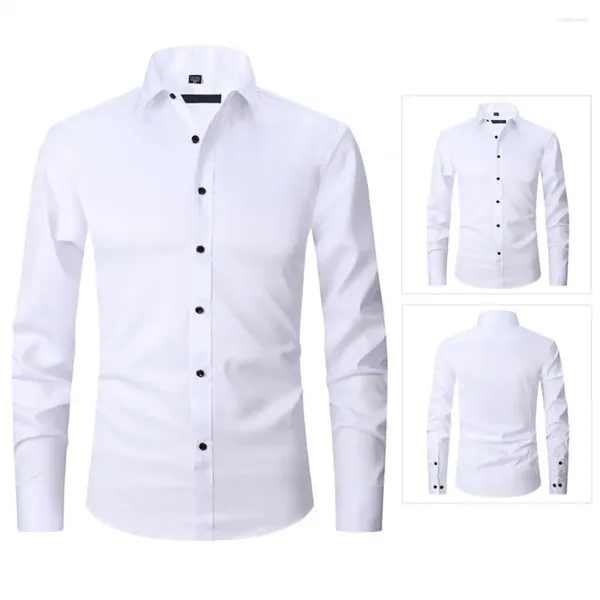 Camisas casuais masculinas camisa de ajuste fino elegante cardigan com gola virada para baixo mangas compridas macio respirável comprimento médio para escritório