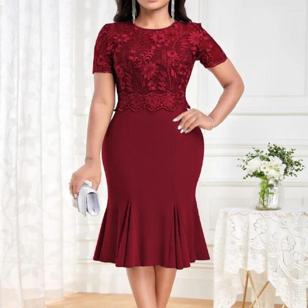 Vestidos casuais plus size vestido de renda elegante bordado fishtail para mulheres elegante o-pescoço vestido de manga curta com alta