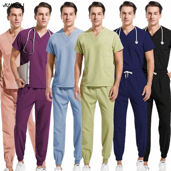 Çok renkli streç kumaş klinik odası tıbbi üniformalar üst ve jogger xs-xxl Scrubs Man doktoru iş kıyafetleri için ayarlanmış