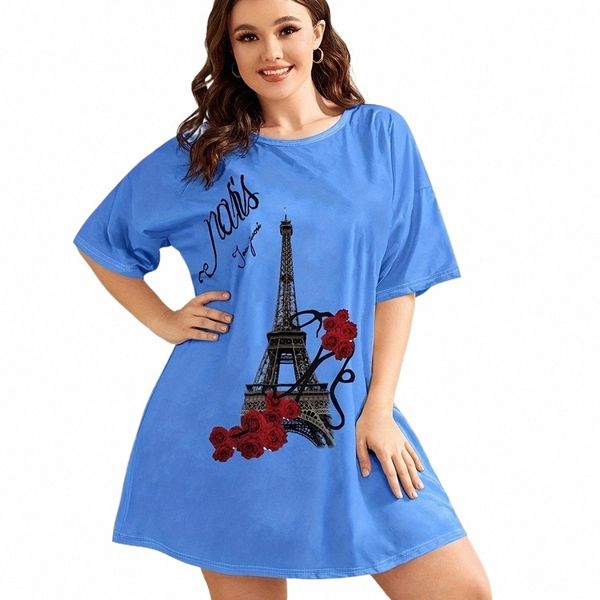 Eiffelturm/Freiheitsstatue bedrucktes Damen-Nachthemd, Übergröße, Damen-Dr.-Milch-Seidenmaterial, dehnbarer Stoff, Heimrock q0x9#