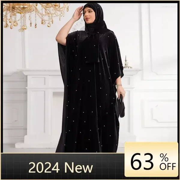 Ethnische Kleidung Plus Size Muslimische Kleider für Frauen Elegante 3/4-Ärmel Samt Langes Maxikleid Mode Abaya-Kleider mit Hijab