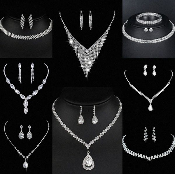 Wertvolles Labordiamant-Schmuckset Sterlingsilber-Hochzeits-Halsketten-Ohrringe für Frauen-Braut-Verlobungs-Schmuck-Geschenk P6Rc #