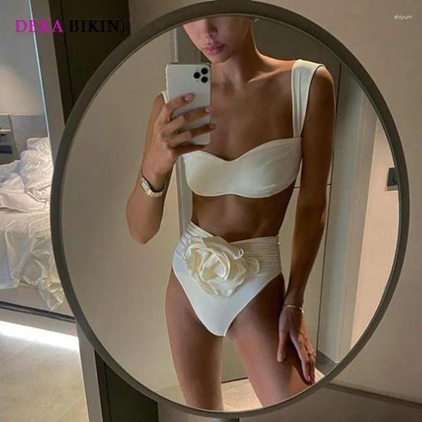 Kadın Mayo Deka Yüksek Atık İki Parçalı Kadın Çiçek Dantel Up Bikini Set Push-Up Yastıklı Sütyen Beyaz Mayo Bankası Sahibi Beach Giyim