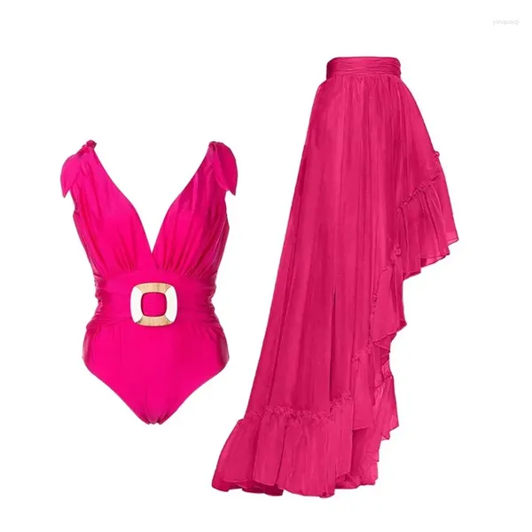 Ретро розово-красный стиль, женский цельный купальник, юбка, накидка, роскошный дизайн бикини, винтажный купальник, одежда для серфинга, летняя одежда