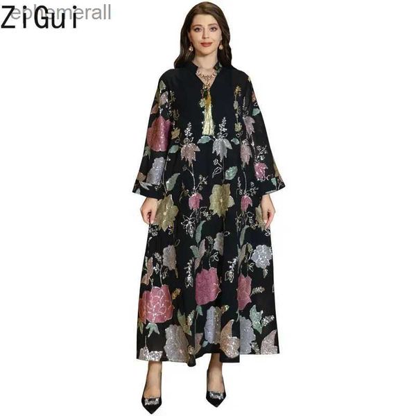 Urban Sexy Dresses Zigui Kaftan Abaya Kleid V-Ausschnitt Quaste Schwarz Chiffon Stickerei Gold Pailletten Muslimischer Naher Osten Robe Arabisch für Frauen yq240330