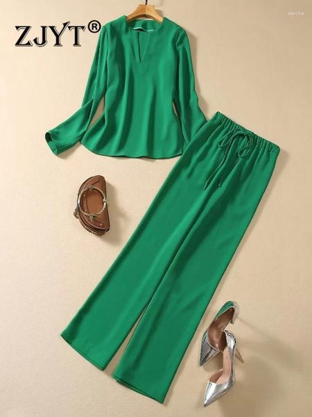 Pantaloni a due pezzi da donna ZJYT elegante camicetta verde e set di pantaloni coordinati 2 pantaloni da donna top adatti Conjunto Mujer 2024 Spring Office