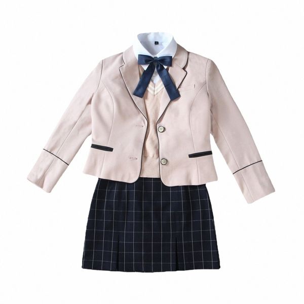 Estudante universitário coreano outono inverno terno uniforme rosa terno jaqueta camisola colete grade saia curta ternos menina escola jk dres c5l8 #