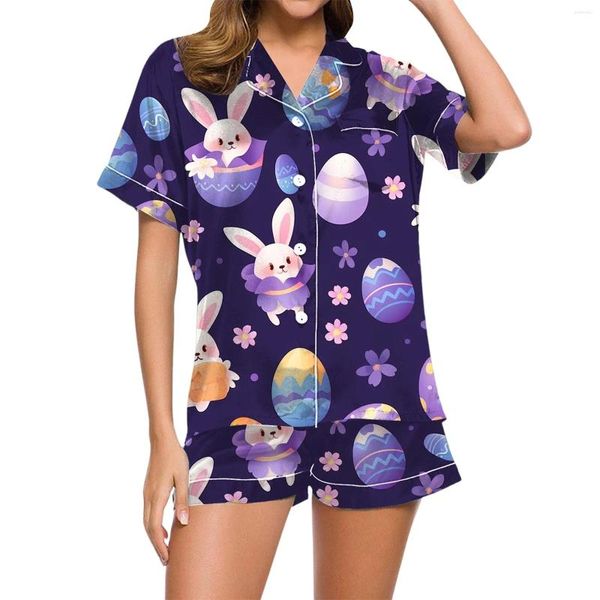 Ana Sayfa Giyim Kadın Pijama E Set 2 Parçası Pantolon Ekose Tüy Trim Uzun Kollu Düğme Gömlek Üstler Saten için