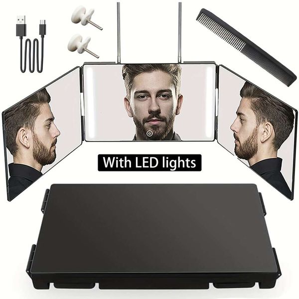 1 Stück Haarschnitt mit LED-Lichtern, 3-Wege-360-Grad-Klapp-Make-up-Spiegel, vielseitig einsetzbar zum Haareschneiden, Rasieren, Pflegen, Gesichtsorganisieren und Make-up, verstellbar