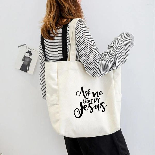 Einkaufstaschen „Ask Me About My Jesus“, lustig, bedruckt, One-Shoulder-Tasche, große Kapazität, Damen-Tragetasche, Segeltuch, Damen