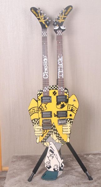 Promoção Barato Trick039s Rick Nielsen Tio Dick Duplo Pescoço Amarelo Guitarra Elétrica Branco Pérola Inlay Kahler Bridge no l1790399