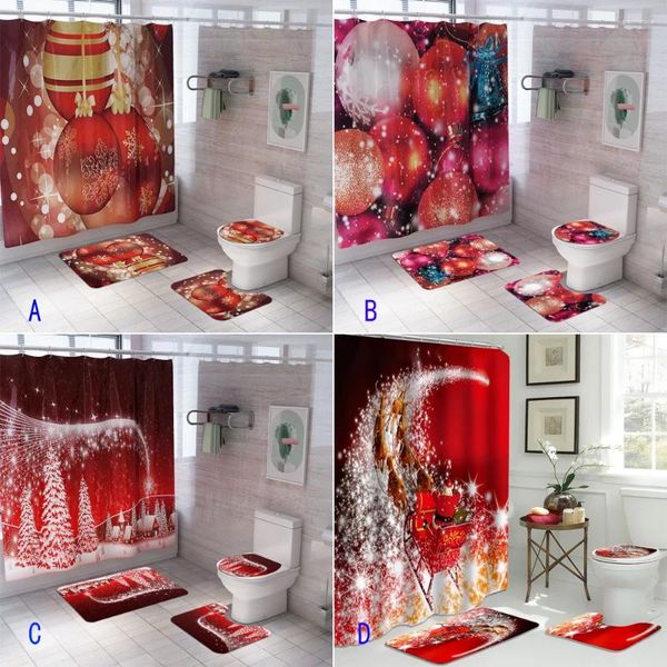 Duş Perdeleri Mutlu Noel Banyo Setleri Glitter Balon 3D Perde Noel Baba Ren Geyiği Kar Tanesi Tuvalet Kapağı Mat Kaymaz Halı Seti