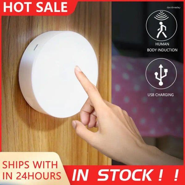 Luci notturne Sensore di movimento Luce LED USB ricaricabile Induzione del corpo umano Camera da letto Bagno Scale Lampada di illuminazione decorativa