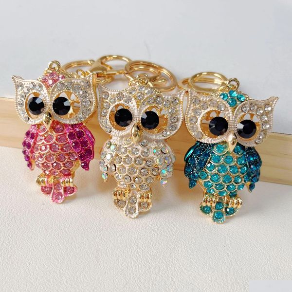 Chaveiros bonito coruja chaveiros luxo cristal strass animal chaveiros titular para mulheres moda ouro desenhos animados carro cadeias saco dhgarden dhbhz